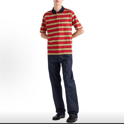 PRADA Men's SS25 Spring/Summer Striped Letter Print Cotton Short-Sleeve Polo Shirt, Red