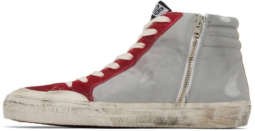 GOLDEN GOOSE حذاء سنيكرز Slide عالي الرقبة باللونين الرمادي والأحمر