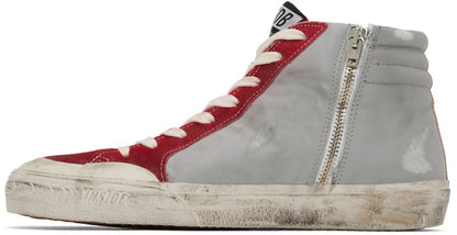 GOLDEN GOOSE حذاء سنيكرز Slide عالي الرقبة باللونين الرمادي والأحمر