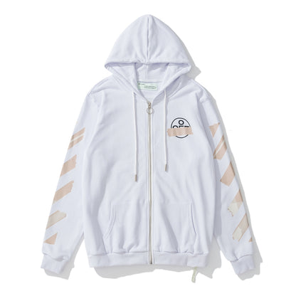 Off-White arrow zebra crossing print zipper hooded sweater beige/white