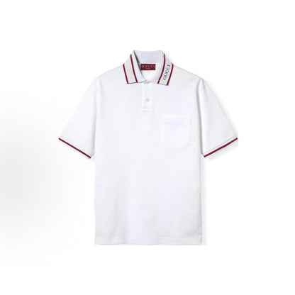 GUCCI Lido series Polo shirt with logo embroidered stripe trim, straight-cut, long-sleeved, short-sleeved, men's style, white color