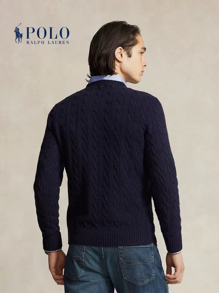 Ralph Lauren FW22 Solid Color Round-neck Twisted Knitted Cable Knit Sweater for Men - Blue