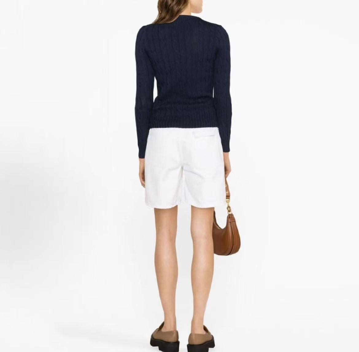 Ralph Lauren Petite Spurs Embroidered Solid Twill Knotted Cotton Ribbed V-Neck Pullover Long Sleeve Knit Shirt Standard Fit Women's Dark Blue