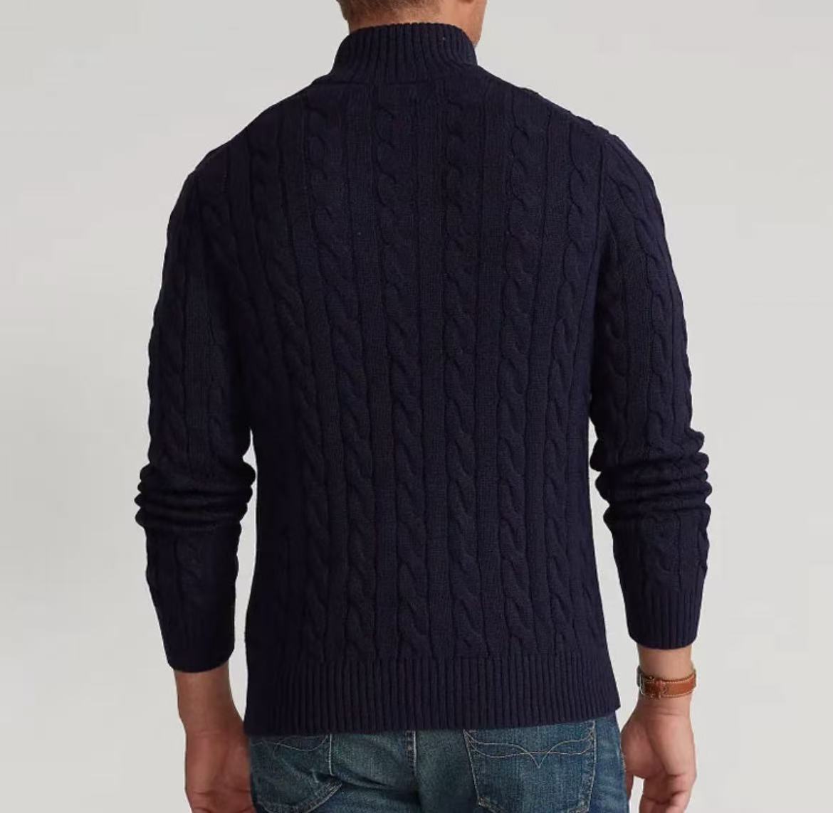 Ralph Lauren SS22 Solid-color Casual Micro-embroidered Half-Zip Knit Shirt, Wavy Hair, Men's Style, Hunter Navy Blue