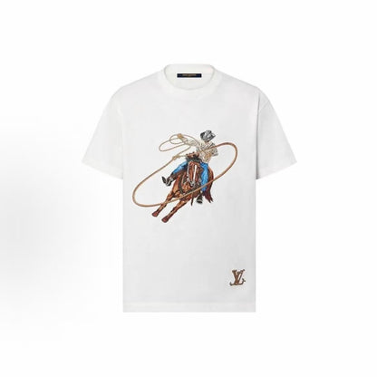LOUIS VUITTON Denim Logo Embroidered Round-neck Short-sleeved T-shirt for Men - Fall/Winter 2024 - White