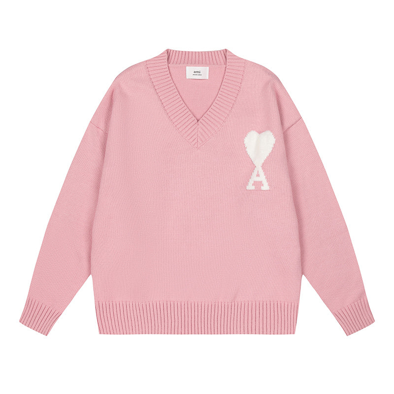 AMI Big Logo V Neck Sweater Pink
