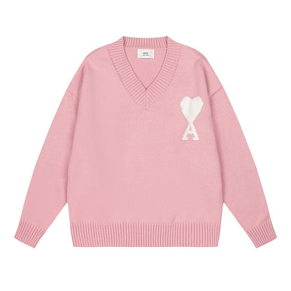 AMI Big Logo V Neck Sweater Pink