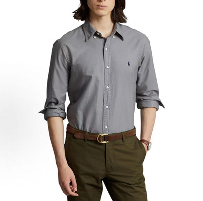 Ralph Lauren SS23 Little Horse Embroidery Solid Cotton Collared Long-Sleeved Button-Down Shirt Seamed Fit Men's Style Gray