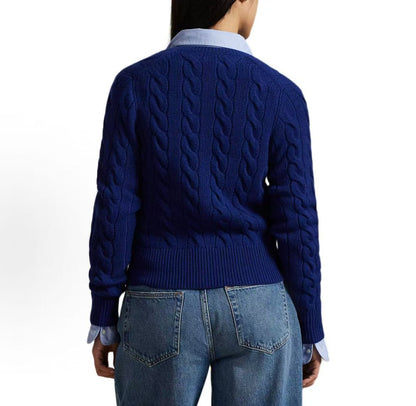 Ralph Lauren Petite Spurs Embroidery Solid Wool and Cashmere Blend Plaid Knitted Roundneck Long Sleeve Buttoned Collar Sweater Standard Fit Women's Styles Fan-Style Button Front Pullover Sweater Standard Fit Women's Style (Copy)