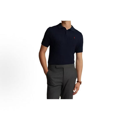 Ralph Lauren SS24 Pony Embroidered Logo Pattern Twisted Flower Knitted Cotton Button Hooded Short sleeved Polo Shirt Standard Edition Men's Blue