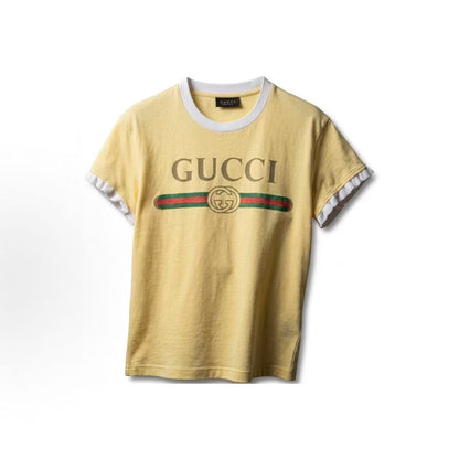 GUCCI Generation Gucci Collection 2026 Spring Summer Short Sleeve Ruffled Edged Printed Knit Cotton T-Shirt for Women