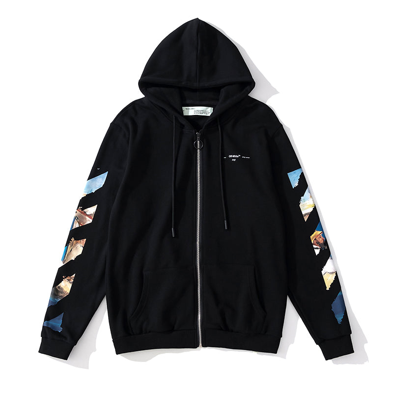 Off-White oil painting arrow zipper hooded cardigan sweatshirt black