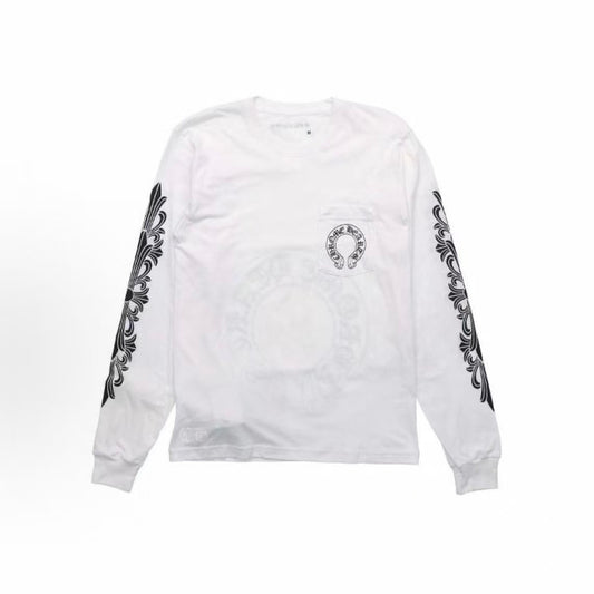 Chrome Hearts Arm-scarfed large horseshoe sleeve T-shirt, same style for both men and women, white color