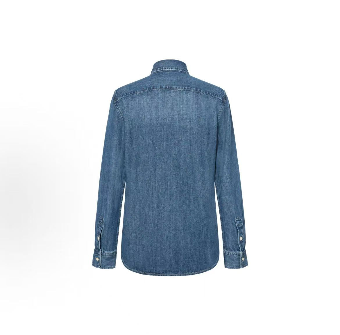 Ralph Lauren Retro Colorful Small Spikes Embroidered Medium Washed Twill Cotton Denim Shirt with Pointed Collar, Long Sleeve, Button Front, Straight Fit, Women's Style, Blue
