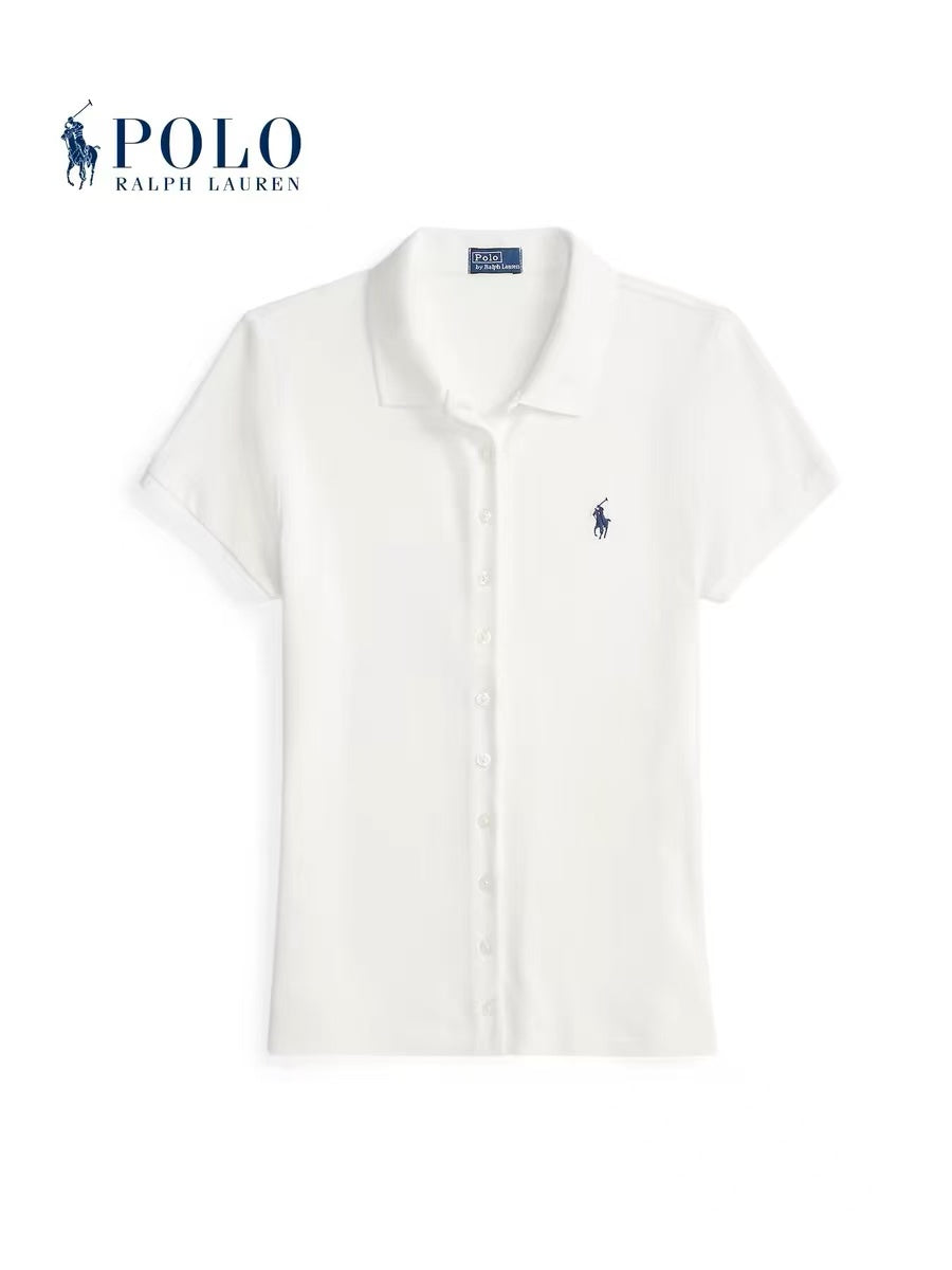 Ralph Lauren Small Horse Logo Embroidered Cotton Blended Ribbed Polo Neck Single-Button Short-Sleeved Shirt - Form-fitting Style - Women's White