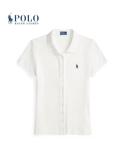 Ralph Lauren Small Horse Logo Embroidered Cotton Blended Ribbed Polo Neck Single-Button Short-Sleeved Shirt - Form-fitting Style - Women's White