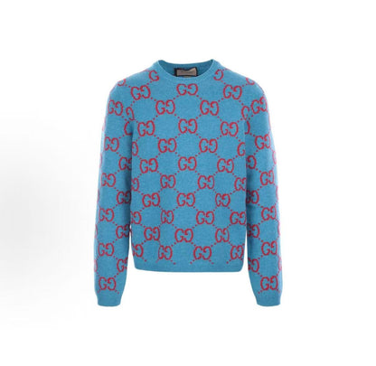 GUCCI SS22 GG Embroidered Knitted Wool Sweater for Men - Blue