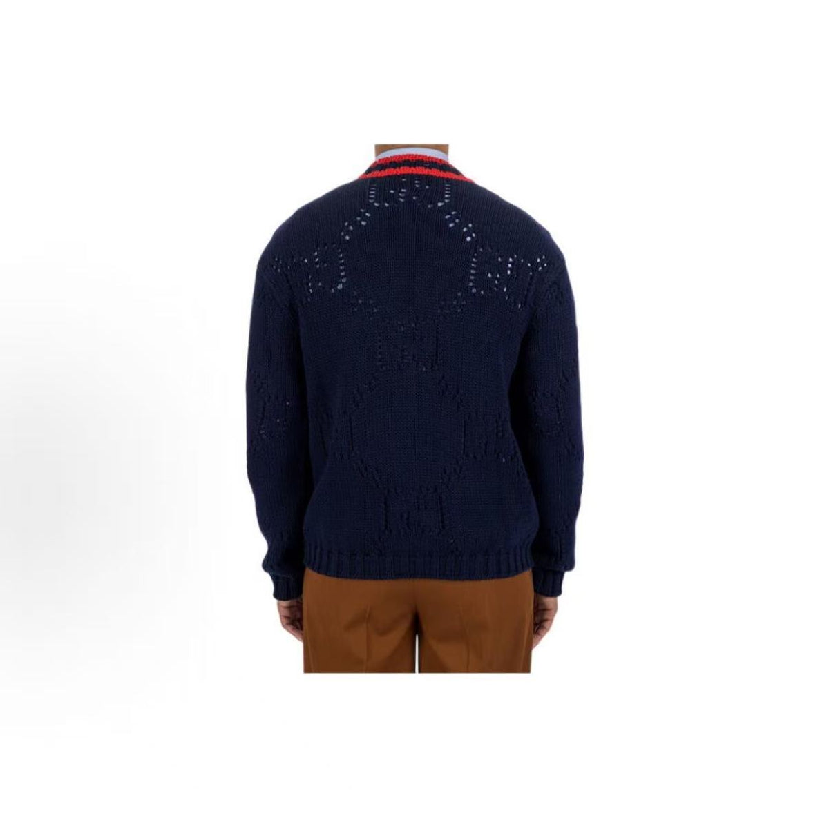 GUCCI 2022 Fall Collection Color-Match V-Neck Single-Button Plaid Long-Sleeved Knit Shirt for Men - Navy Blue