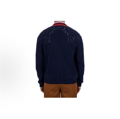 GUCCI 2022 Fall Collection Color-Match V-Neck Single-Button Plaid Long-Sleeved Knit Shirt for Men - Navy Blue