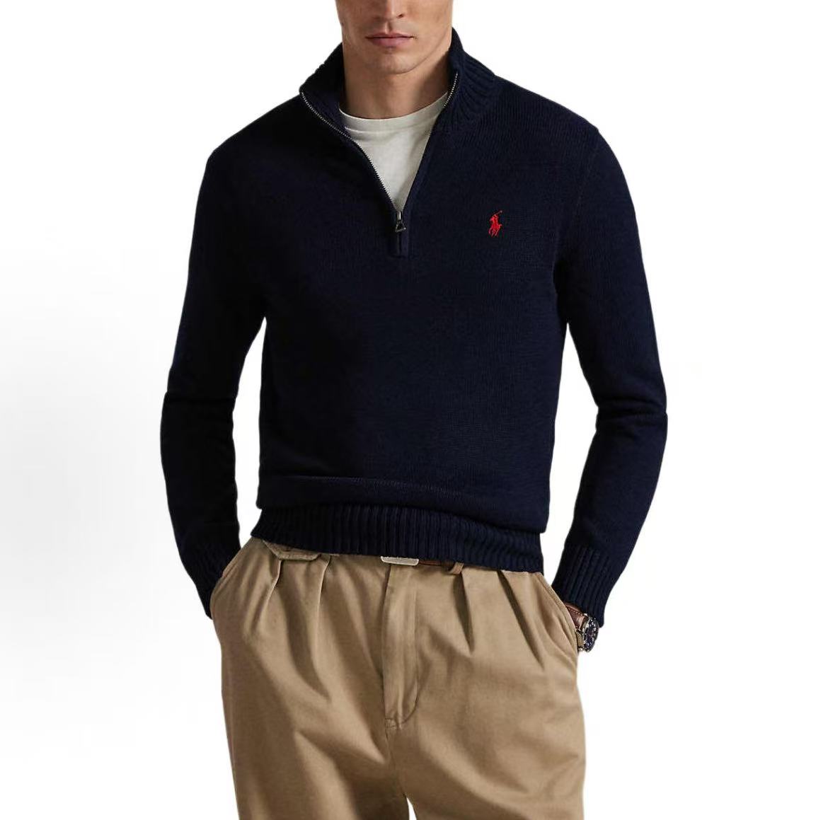 Ralph Lauren SS23 Solid Cotton Logo Small Spikes Embroidery High Neck Half-Zip Ribbed Sleeve Hem Long Sleeve Sweater Standard Fit Men's Blue