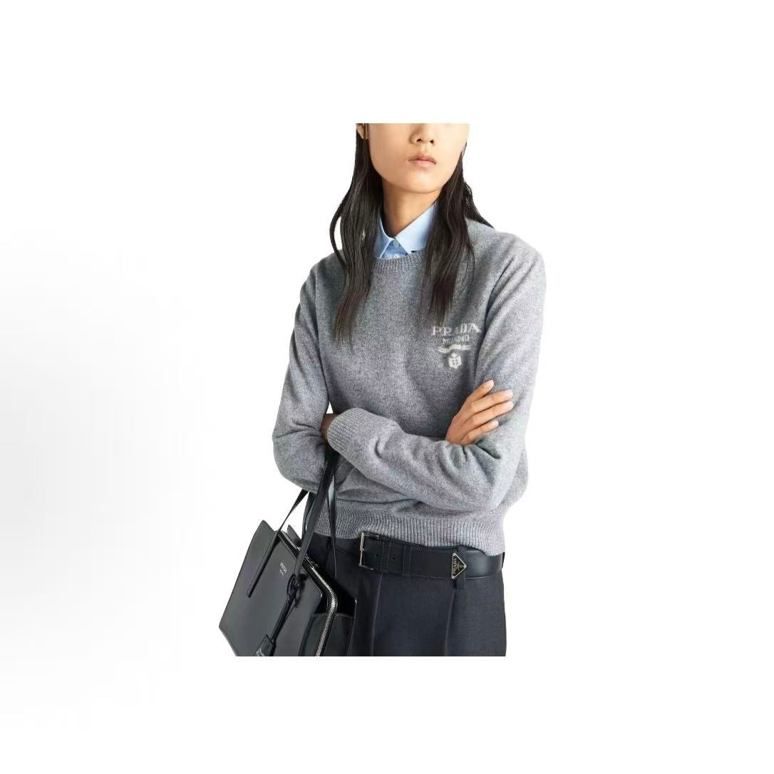 PRADA Prada FW23 Cashmere and Silk Printed Round-neck Long-sleeved Sweater for Women in Gray