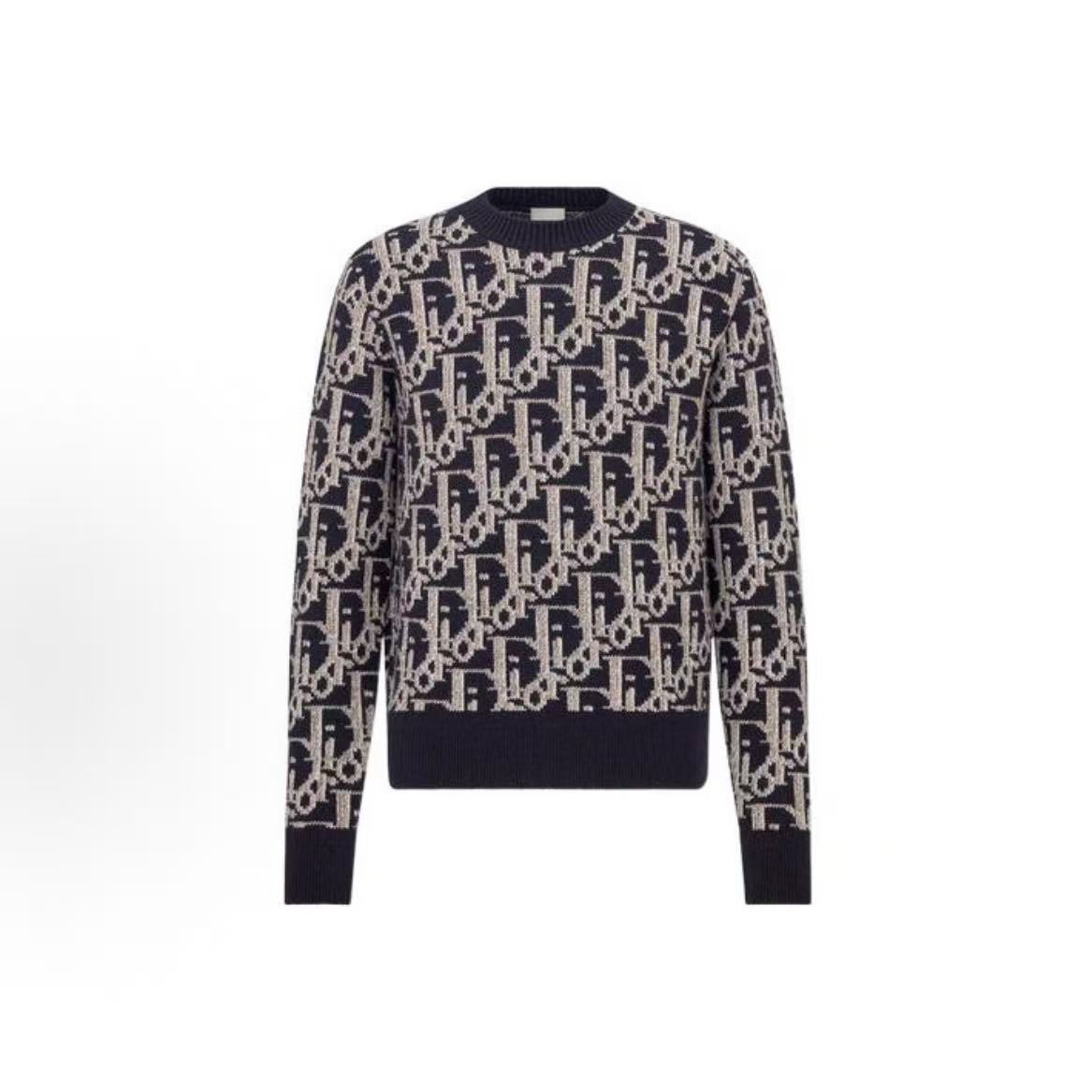 DIOR DIOR Seasonal New Product FW22 Long-sleeved Pullover with Logo Pattern Printed All Over Men's Style Navy Blue Sweater