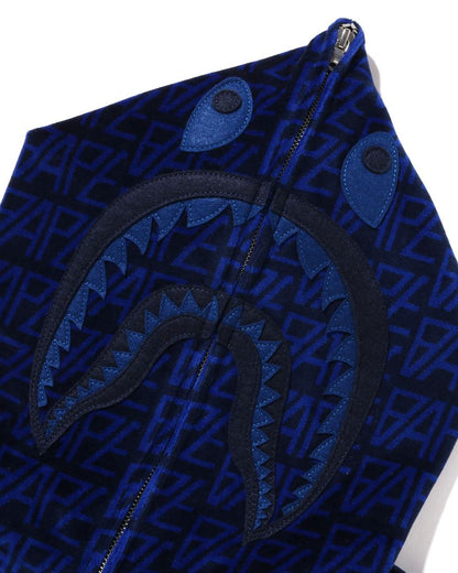 A Bathing Ape Logo Monogram Velour Shark Full Zip Hoodie In Navy Blue
