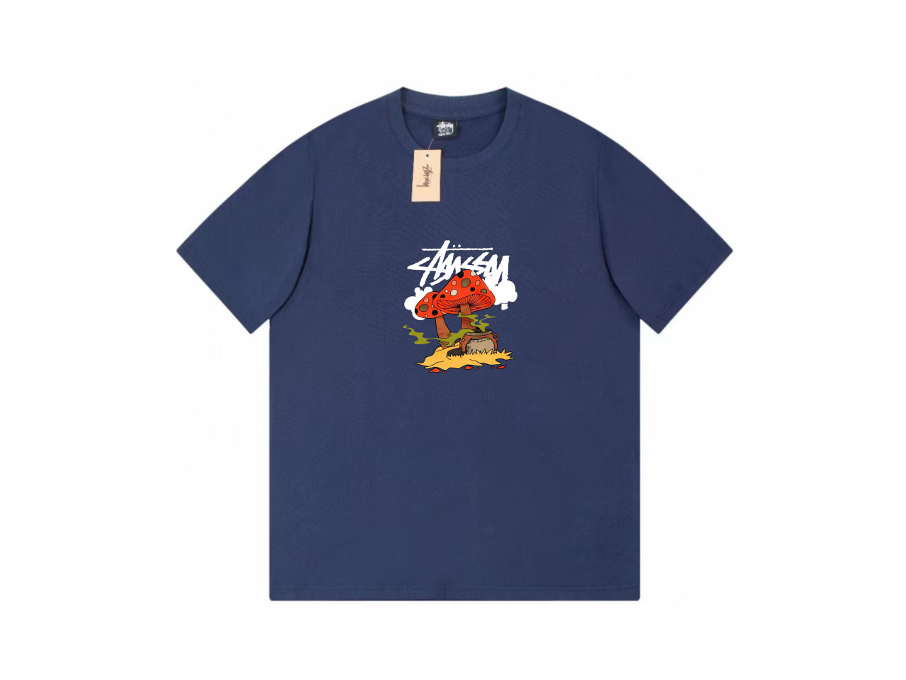 STUSSY CARTOON MAGIC MUSHROOMS PRINT TEE NAVY