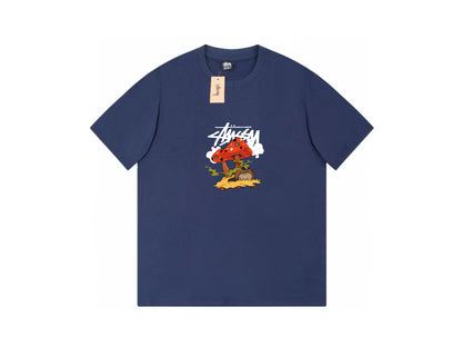STUSSY CARTOON MAGIC MUSHROOMS PRINT TEE NAVY