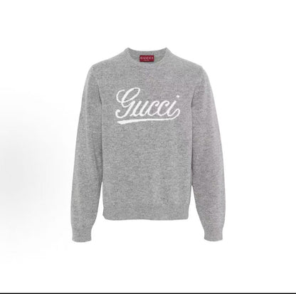GUCCI Logo embroidered round-neck pullover long-sleeve sweater for men in gray color