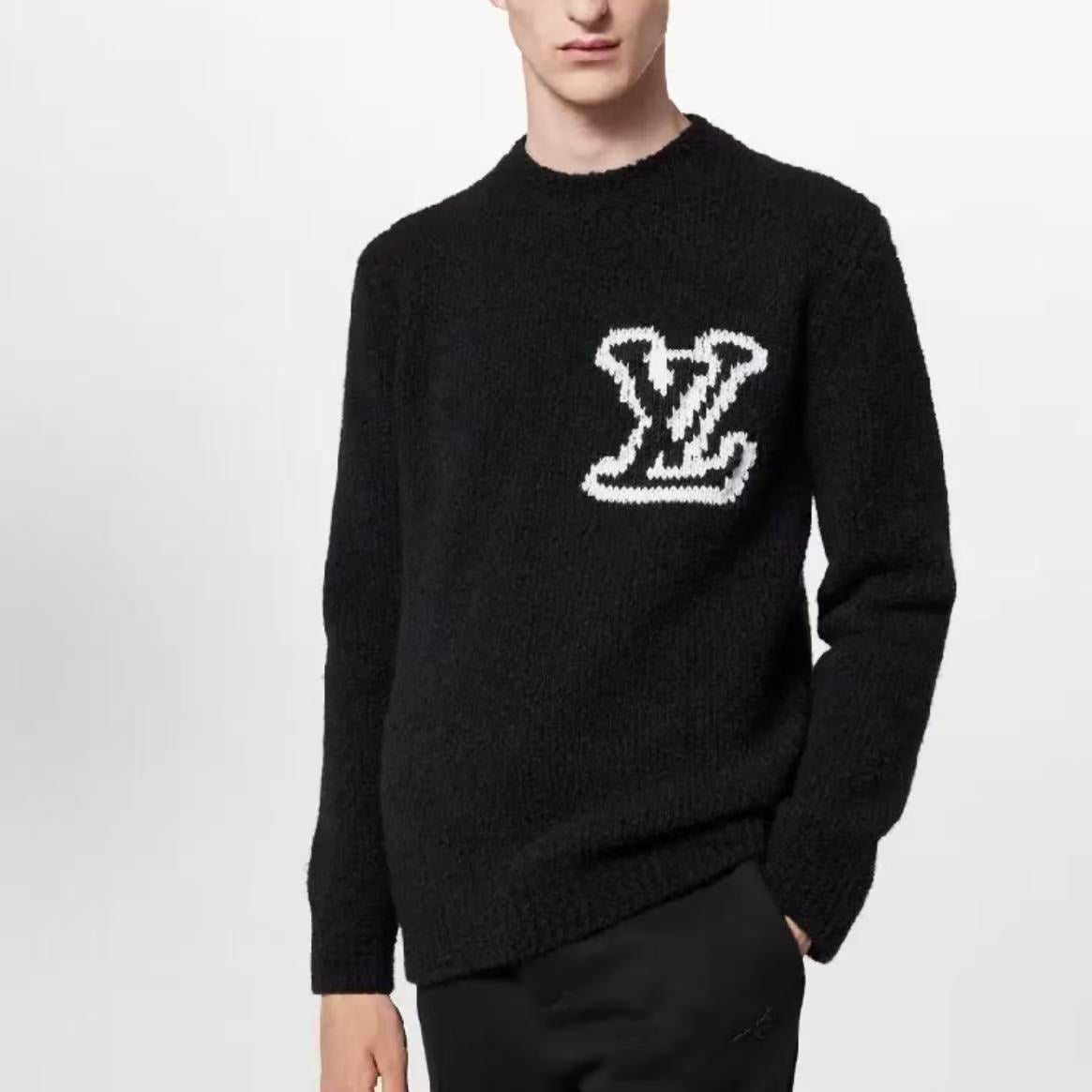 LOUIS VUITTON FW23 Logo embroidered casual round-neck sweater for men in black