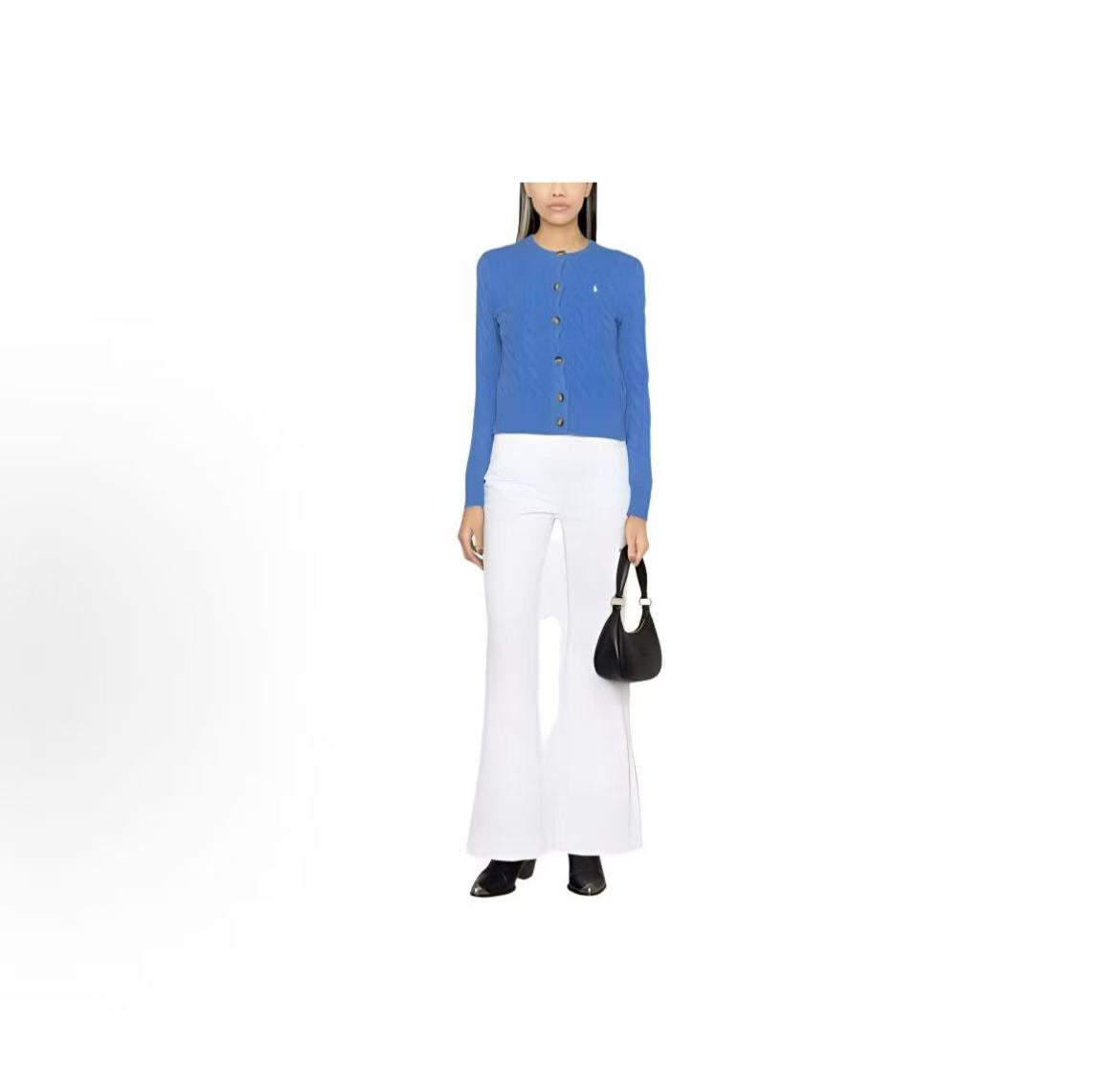 Ralph Lauren Solid-color Round-neck Short Sleeve Single-Button Long-Sleeved Sweater Standard Fit Women's Blue