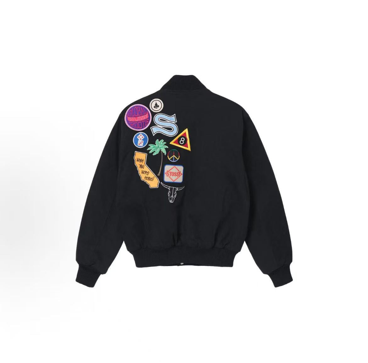 Stussy 2022 Spring Collection - Patterned Letter Print Single-Button Long-Sleeved Thick-Comfortable Baseball Jacket for Men - Black