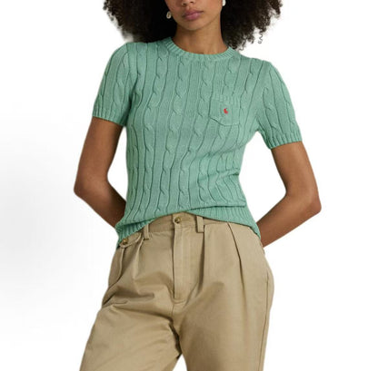 Ralph Lauren Small Horse Logo Embroidered Twisted Knot Cotton Roundneck Pullover Short Sleeve Knit Shirt Standard Fit Women's Green