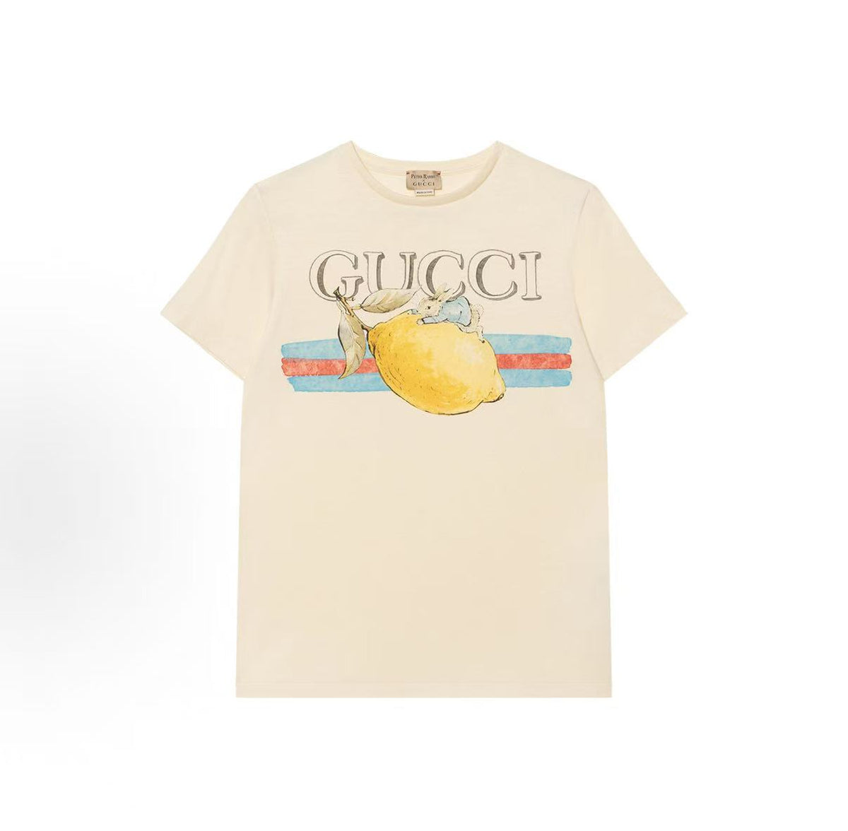 GUCCI x Peter Rabbit 2024 Spring/Summer Collection T-shirt, featuring cartoon lettered stripe print, casual round-neck short sleeves, white color, children's size