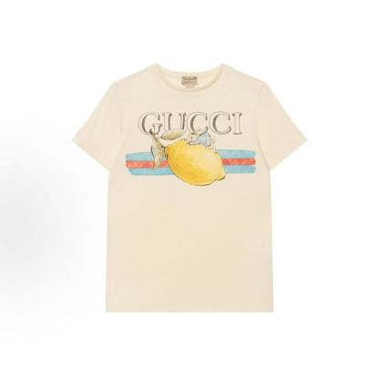 GUCCI x Peter Rabbit 2024 Spring/Summer Collection T-shirt, featuring cartoon lettered stripe print, casual round-neck short sleeves, white color, children's size