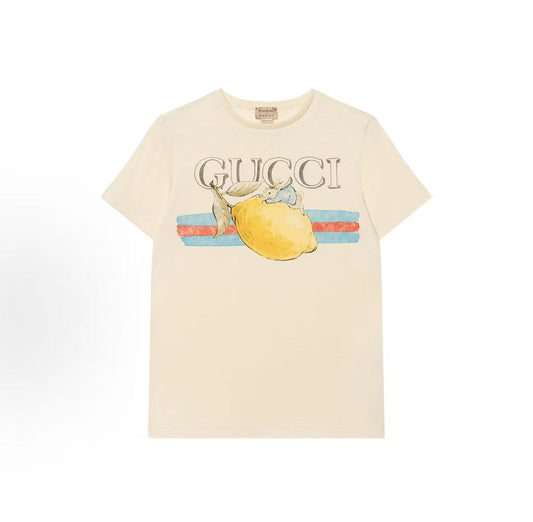 GUCCI x Peter Rabbit 2024 Spring/Summer Collection T-shirt, featuring cartoon lettered stripe print, casual round-neck short sleeves, white color, children's size
