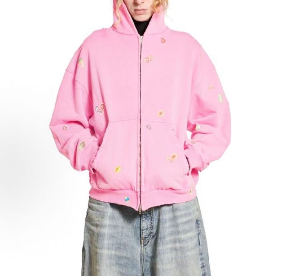 Balenciaga SS25 Printed Sticker Zippered Open Hooded Long-Sleeved Sweater in Regular Fit for Women in Pink Color