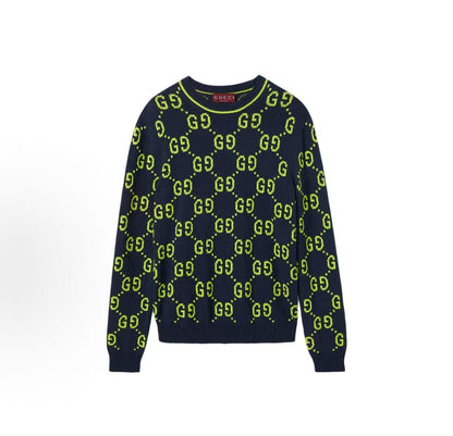 GUCCI Ancient Logo Embroidered Round-neck Long-sleeved Sweater for Men in Navy Blue (Spring/Summer 2024)
