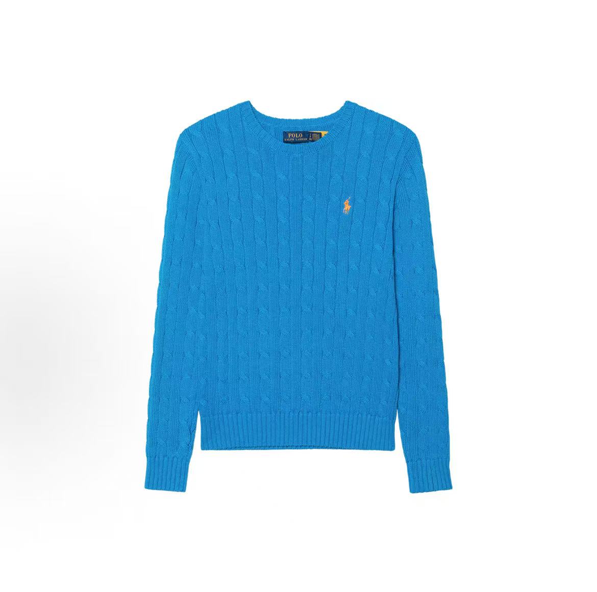 Ralph Lauren Small Horse Logo Embroidered Cotton Roundneck Long Sleeve Pullover Sweater Knit Shirt Standard Fit Women's Ice Blue