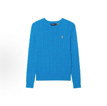 Ralph Lauren Small Horse Logo Embroidered Cotton Roundneck Long Sleeve Pullover Sweater Knit Shirt Standard Fit Women's Ice Blue