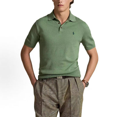 Ralph Lauren SS25 Pony Embroidery Cotton Ribbed Polo Neck Button Front Pullover Short Sleeve Knit Shirt Standard Fit Men's Style Gray Green