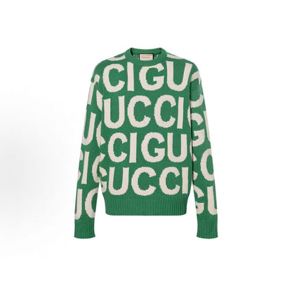 GUCCI Gucci 2024 Spring Collection Lettered Jacquard Round-neck Pullover Long-sleeve Sweater for Men Green