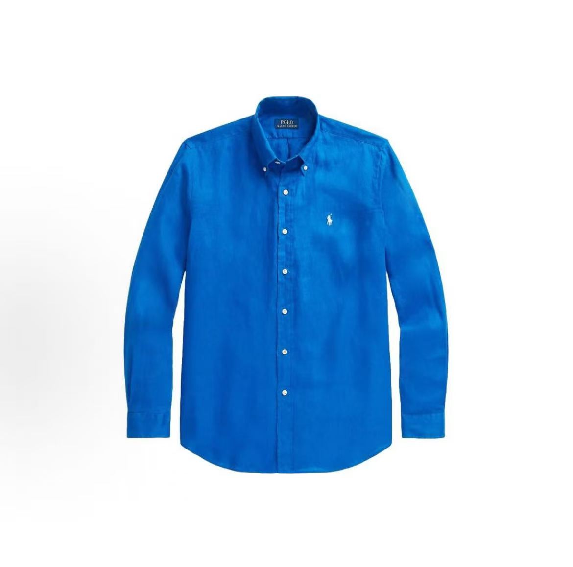 Ralph Lauren Solid-color Linen Collar Buttoned Long-Sleeved Shirt for Men - Blue