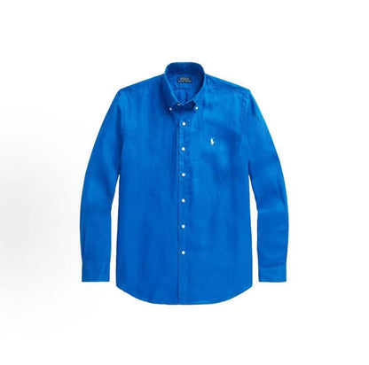 Ralph Lauren Solid-color Linen Collar Buttoned Long-Sleeved Shirt for Men - Blue