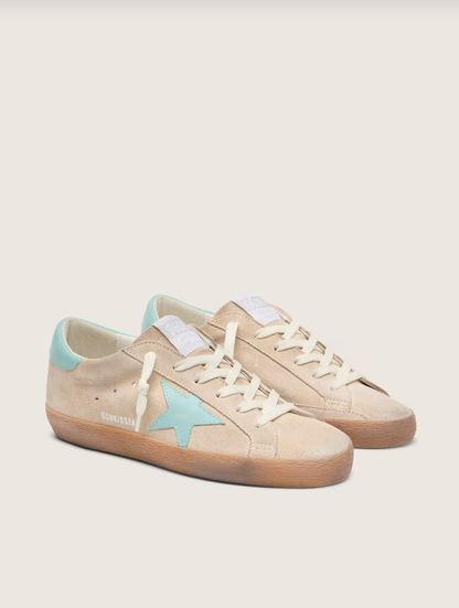 Golden Goose Super-Star in beige suede with aqua-green star