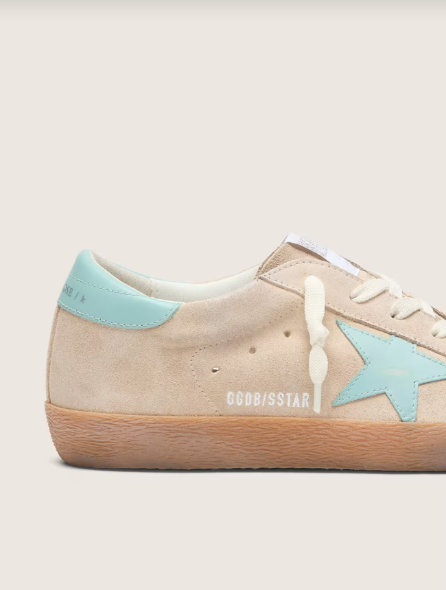Golden Goose Super-Star in beige suede with aqua-green star