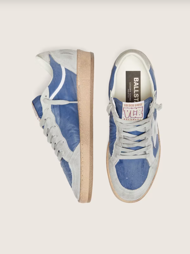 Golden Goose Ball Star in denim-blue nylon with light gray suede inserts and metallic silver leather star