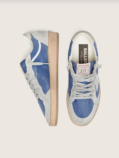 Golden Goose Ball Star in denim-blue nylon with light gray suede inserts and metallic silver leather star