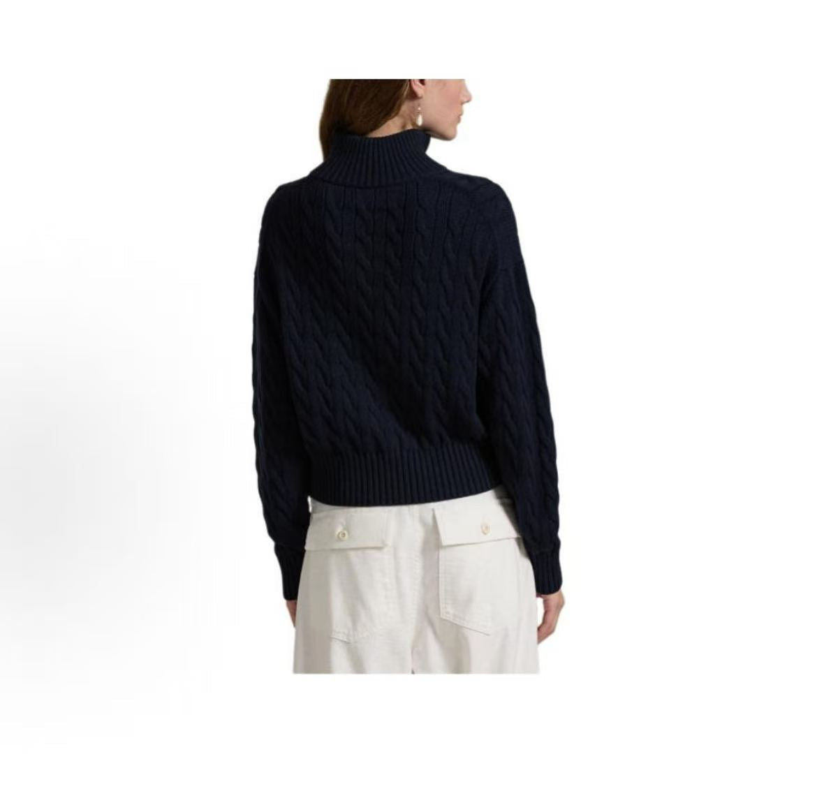 Ralph Lauren Solid Twisted Knitted Cotton Polo Neck Long-Sleeved Zip Knit Shirt Loose Fit Women's Blue